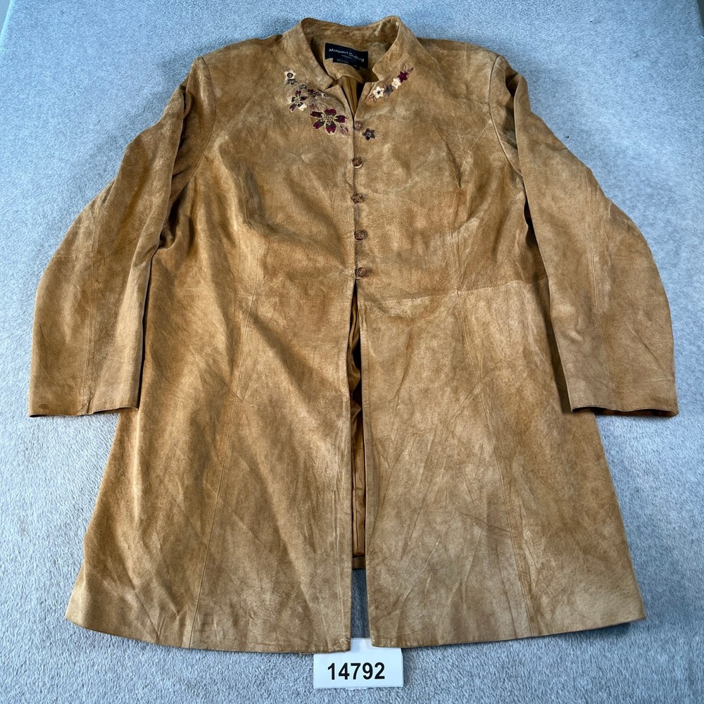 Vintage Margaret Godfrey Suede Coat Women 24 Tan Good Floral Embroidered Long